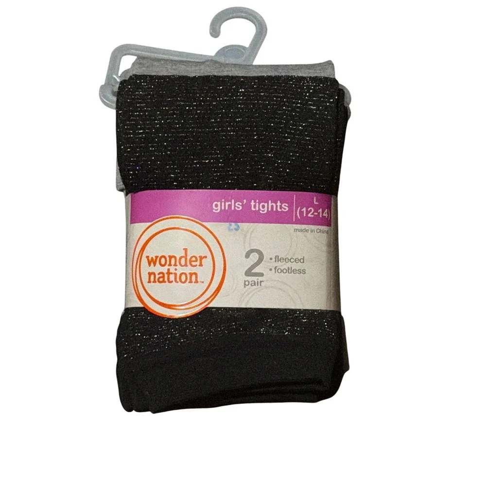 NWT Wonder Nation Girls 2-Pack Large 12-14 Black/Grey Fleeced Footless‎ Tights